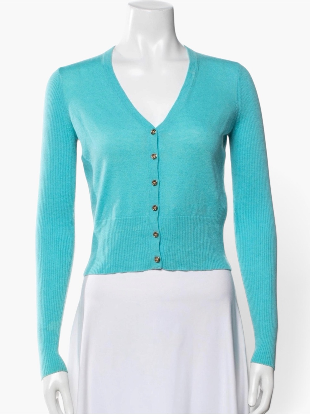 Tory Burch Cashmere Cardigan Gold Logo Buttons Tiffany Blue Size Small